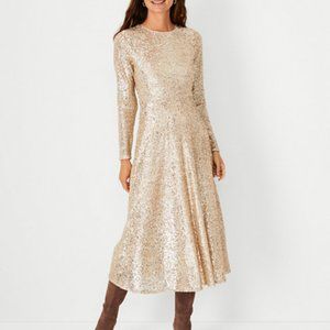 Ann Taylor Gold Sequin Midi Flare Dress | Xmas, NYE